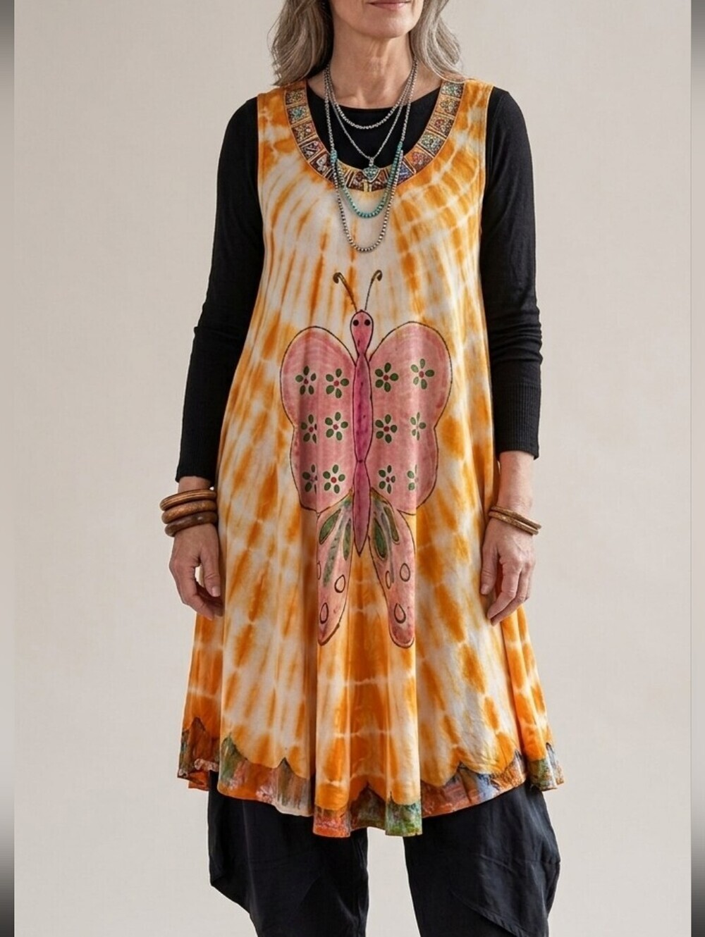 Artsy Boho Tank Sleeveless Dress Free Size Fits Large Orange Colourful Butterfly
